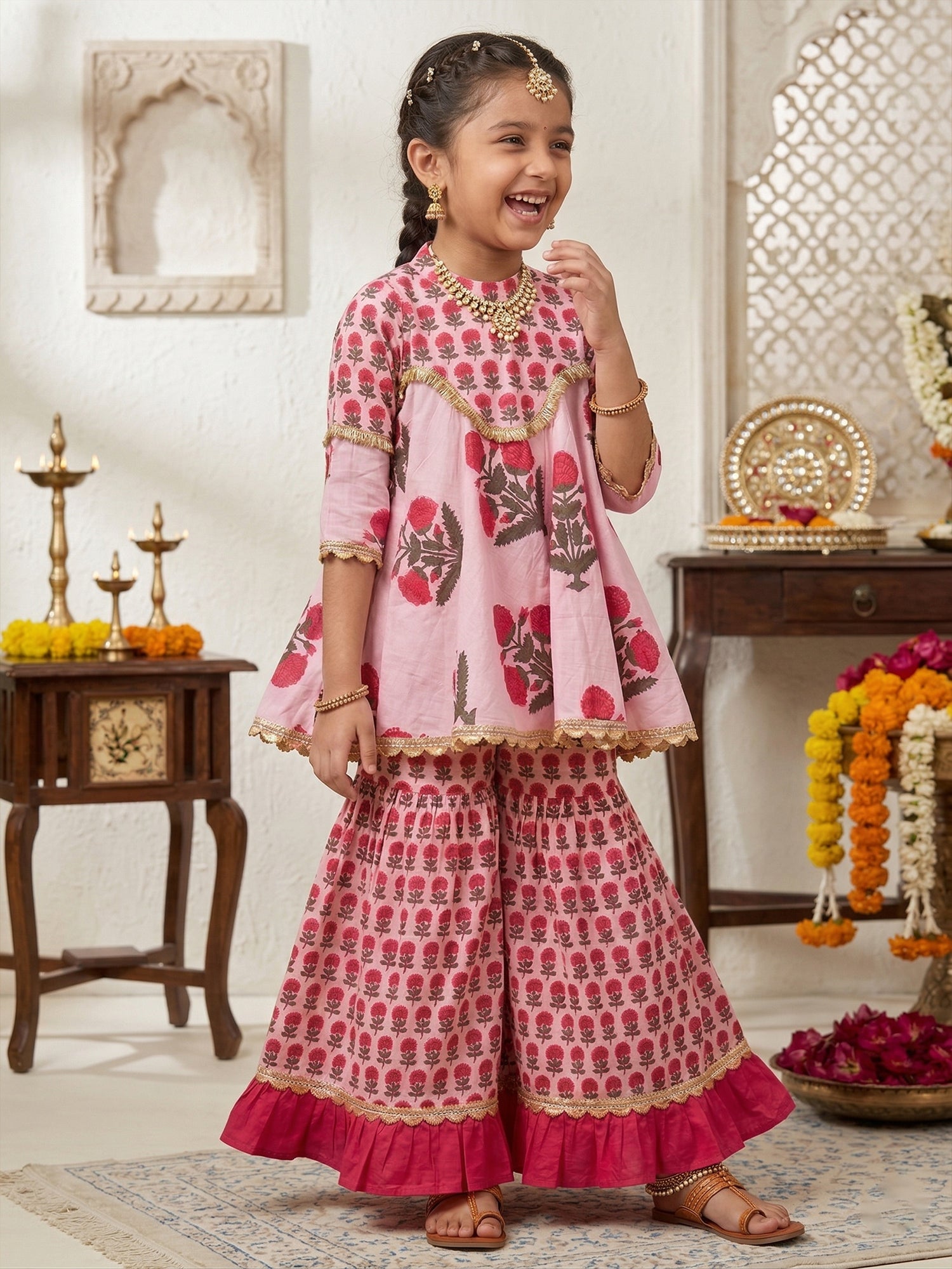 Pspeaches Girls Pink Ethnic Floral Print Cotton A-Line Kurti With Sharara (Sku-Sha-Pinkmtbooti)