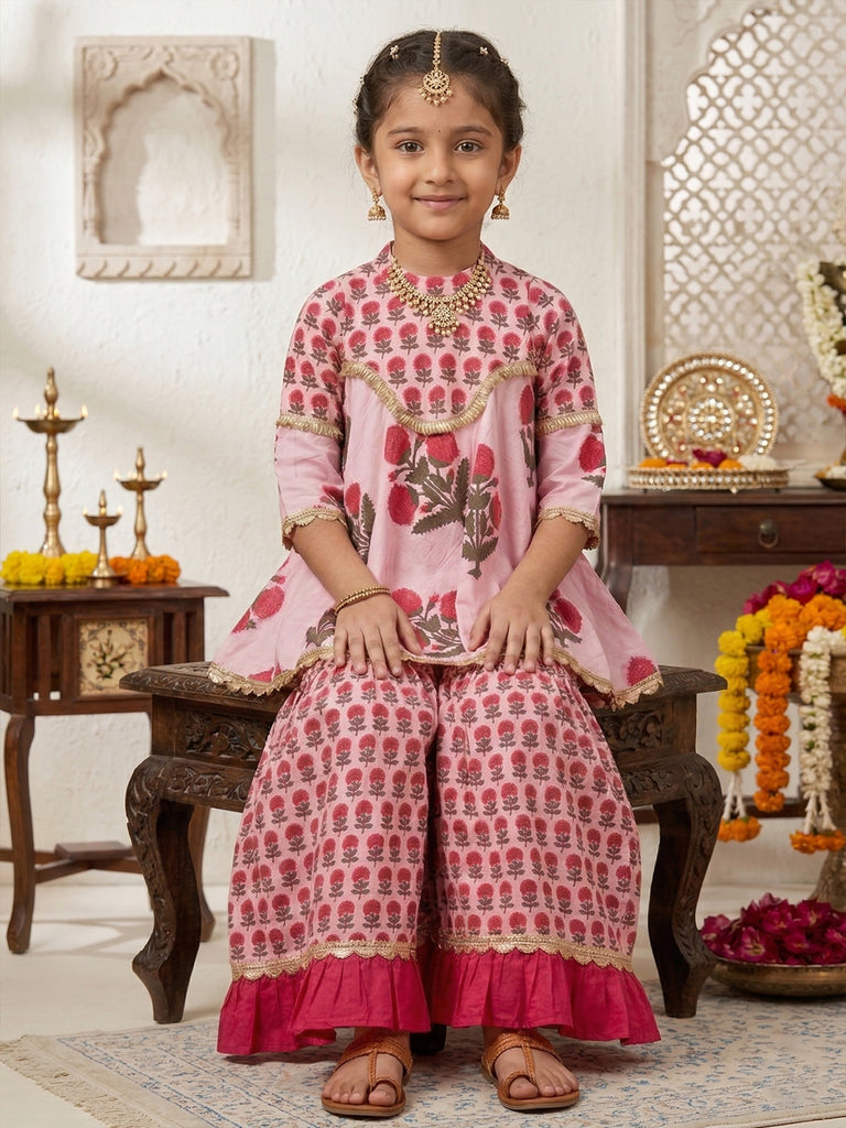 Pspeaches Girls Pink Ethnic Floral Print Cotton A-Line Kurti With Sharara (Sku-Sha-Pinkmtbooti)