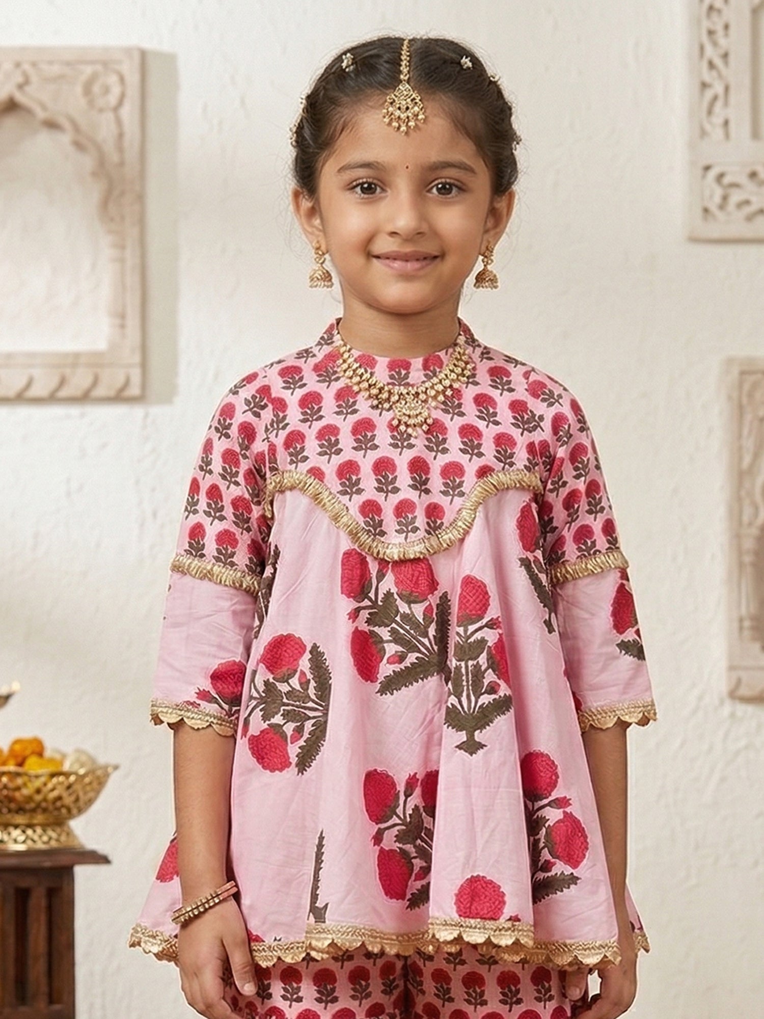 Pspeaches Girls Pink Ethnic Floral Print Cotton A-Line Kurti With Sharara (Sku-Sha-Pinkmtbooti)