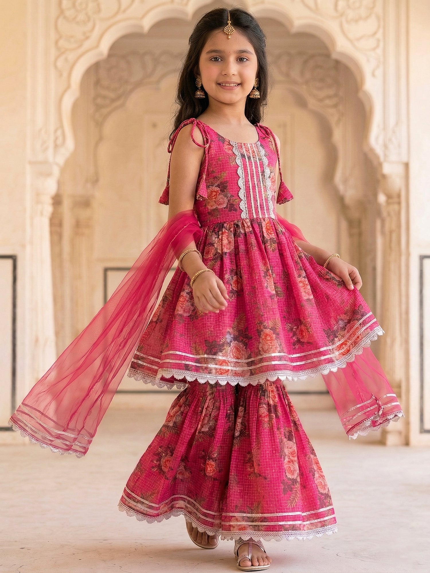 Pspeaches Girls Pink Ethnic Floral Print Kota A-Line Kurti & Sharara With Dupatta