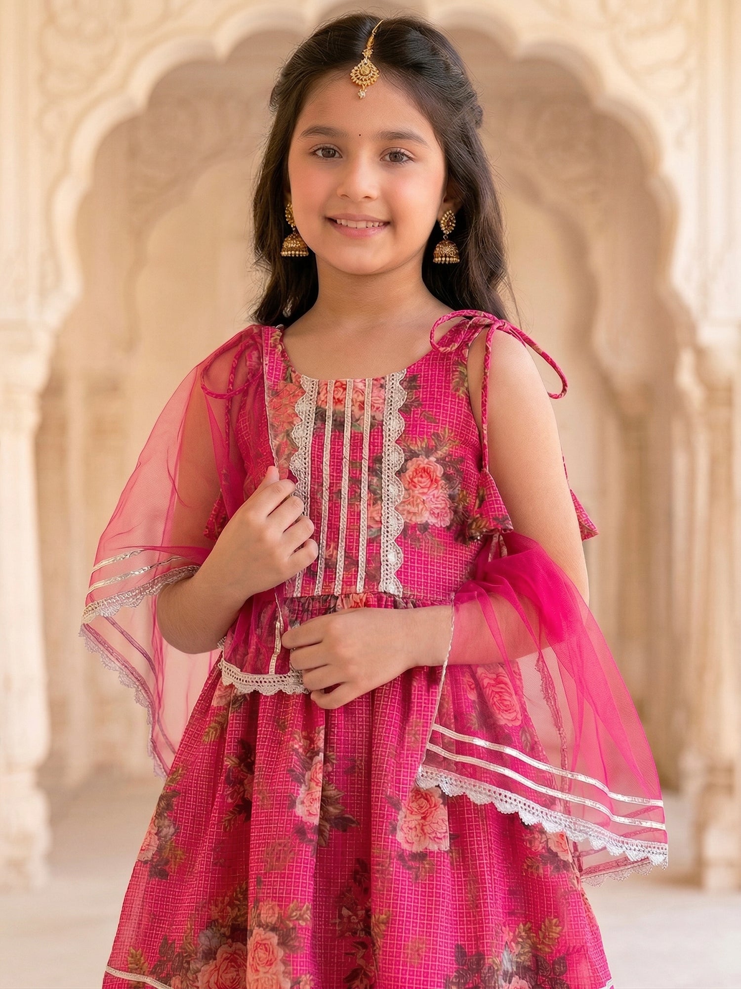 Pspeaches Girls Pink Ethnic Floral Print Kota A-Line Kurti & Sharara With Dupatta