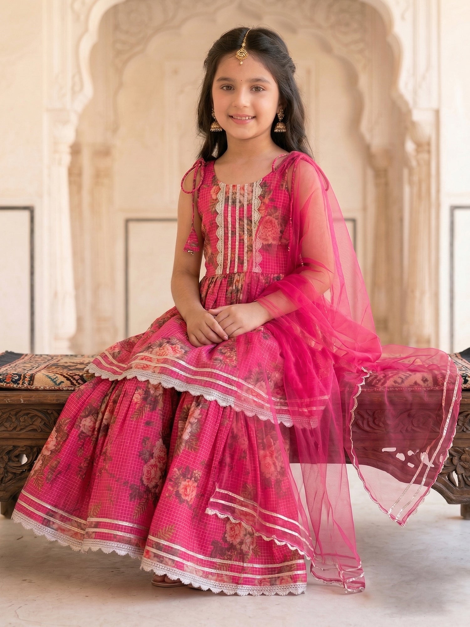 Pspeaches Girls Pink Ethnic Floral Print Kota A-Line Kurti & Sharara With Dupatta