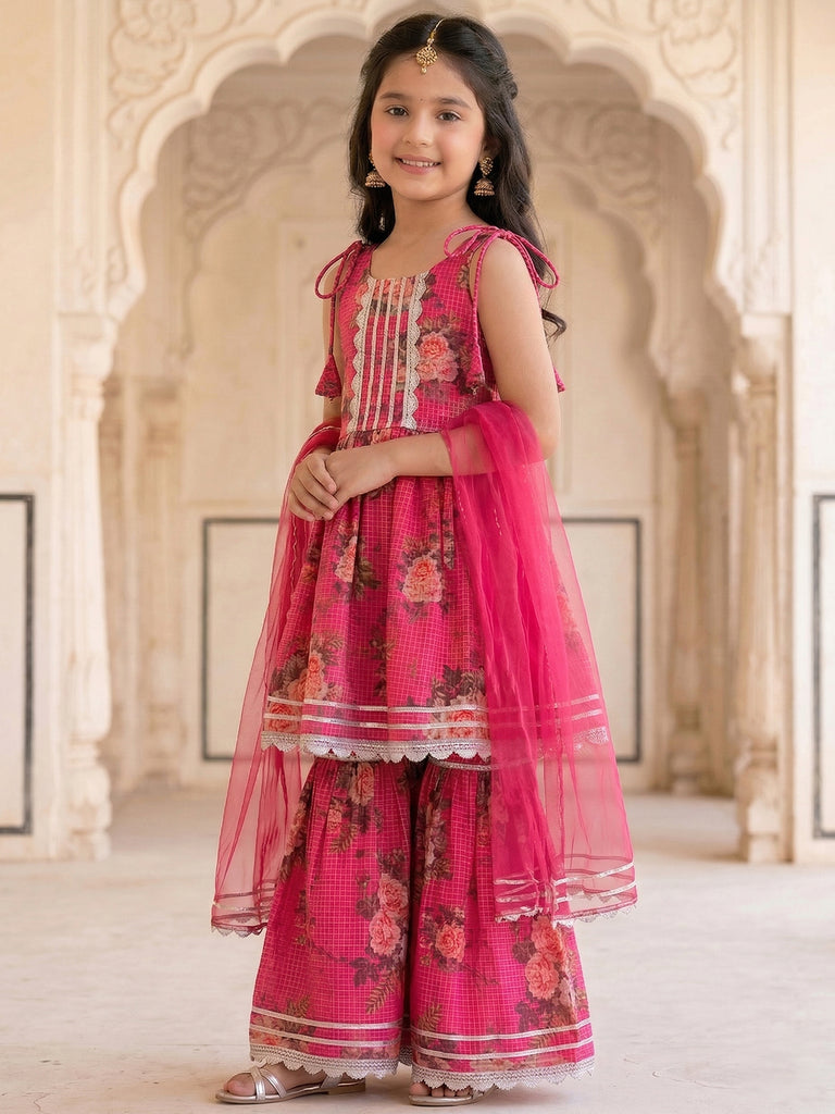 Pspeaches Girls Pink Ethnic Floral Print Kota A-Line Kurti & Sharara With Dupatta