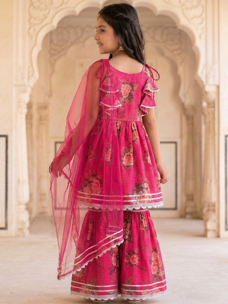 Pspeaches Girls Pink Ethnic Floral Print Kota A-Line Kurti & Sharara With Dupatta