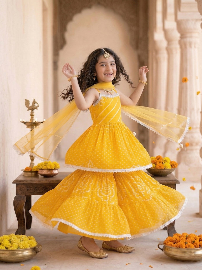 Pspeaches Girls Yellow Ethnic Bandhani Cotton A-Line Kurti & Sharara With Dupatta (Sku-Sha-Yellowbandhni)