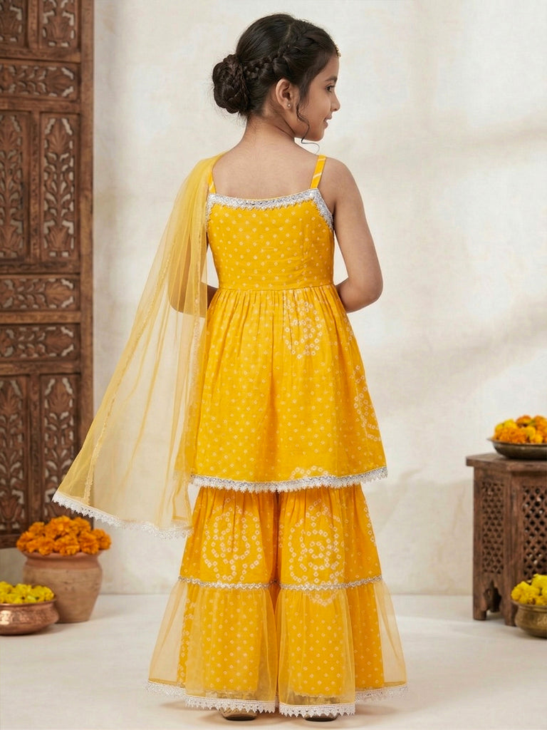 Pspeaches Girls Yellow Ethnic Bandhani Cotton A-Line Kurti & Sharara With Dupatta (Sku-Sha-Yellowbandhni)