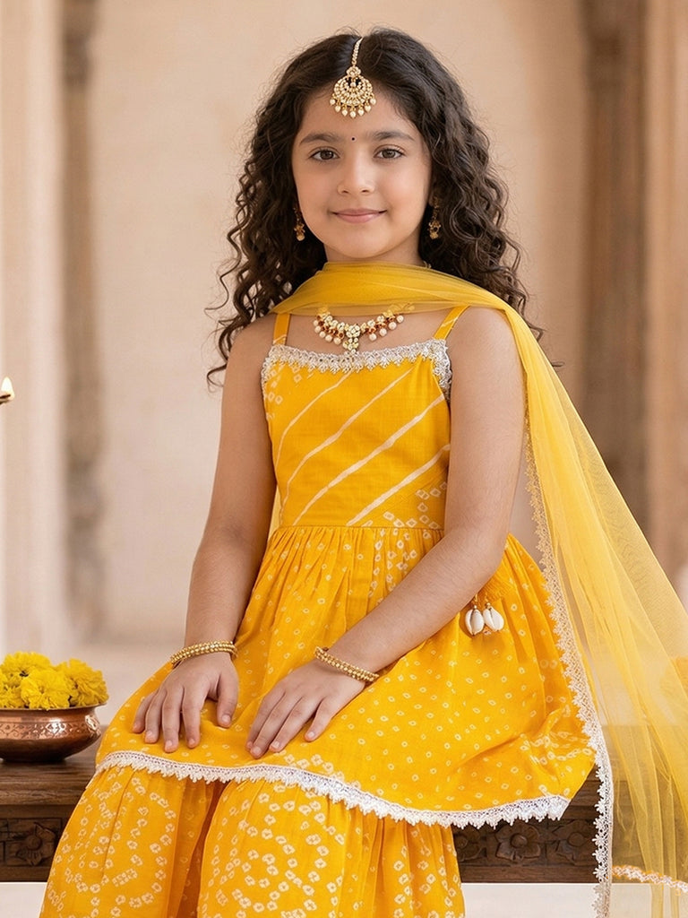 Pspeaches Girls Yellow Ethnic Bandhani Cotton A-Line Kurti & Sharara With Dupatta (Sku-Sha-Yellowbandhni)