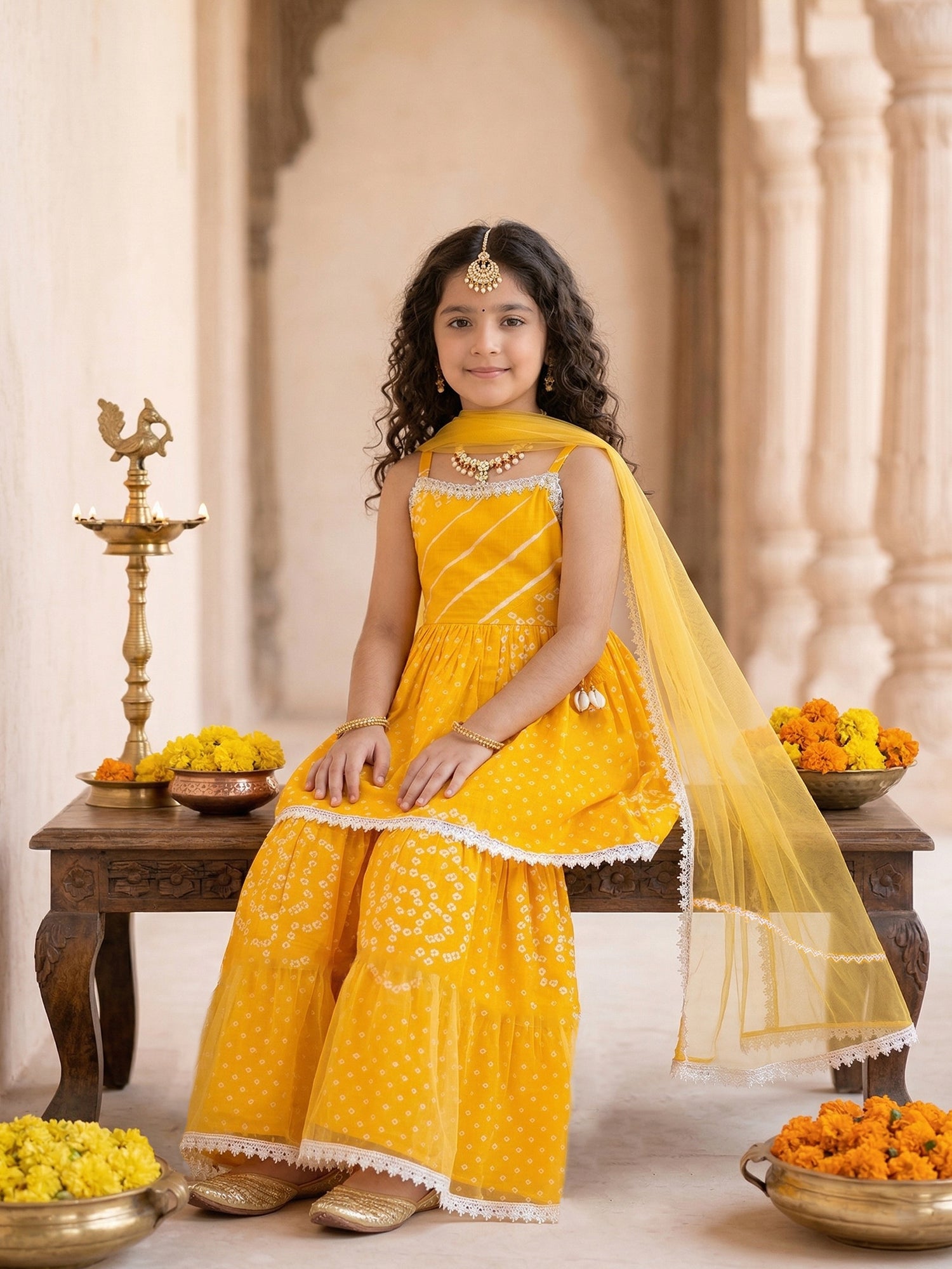Pspeaches Girls Yellow Ethnic Bandhani Cotton A-Line Kurti & Sharara With Dupatta (Sku-Sha-Yellowbandhni)