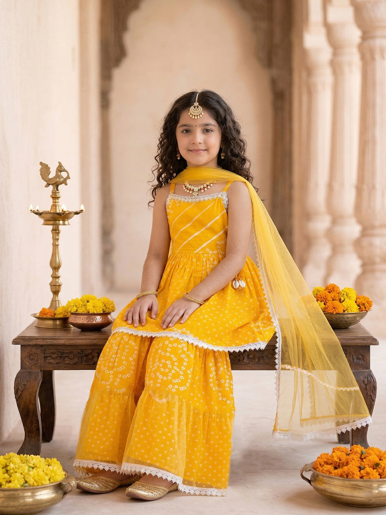 Pspeaches Girls Yellow Ethnic Bandhani Cotton A-Line Kurti & Sharara With Dupatta (Sku-Sha-Yellowbandhni)