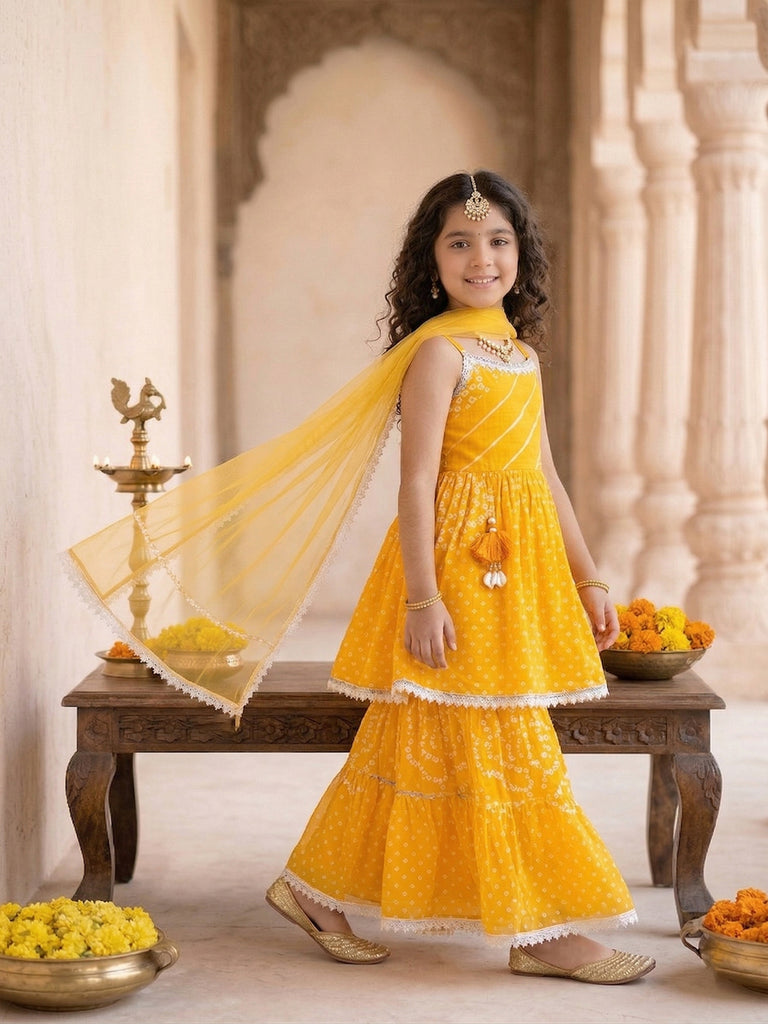 Pspeaches Girls Yellow Ethnic Bandhani Cotton A-Line Kurti & Sharara With Dupatta (Sku-Sha-Yellowbandhni)
