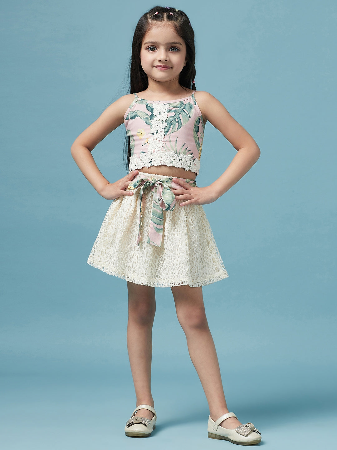 Girls Printed Sleeveless Top with Skirt (sk-beachlace)