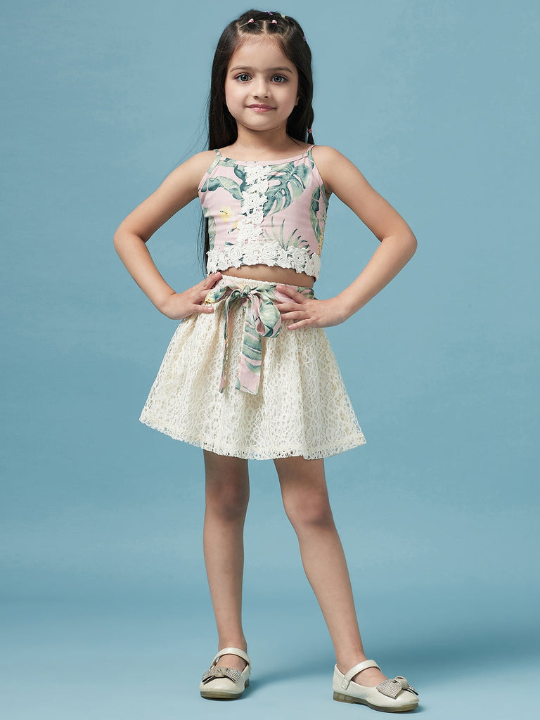 Girls Printed Sleeveless Top with Skirt (sk-beachlace)