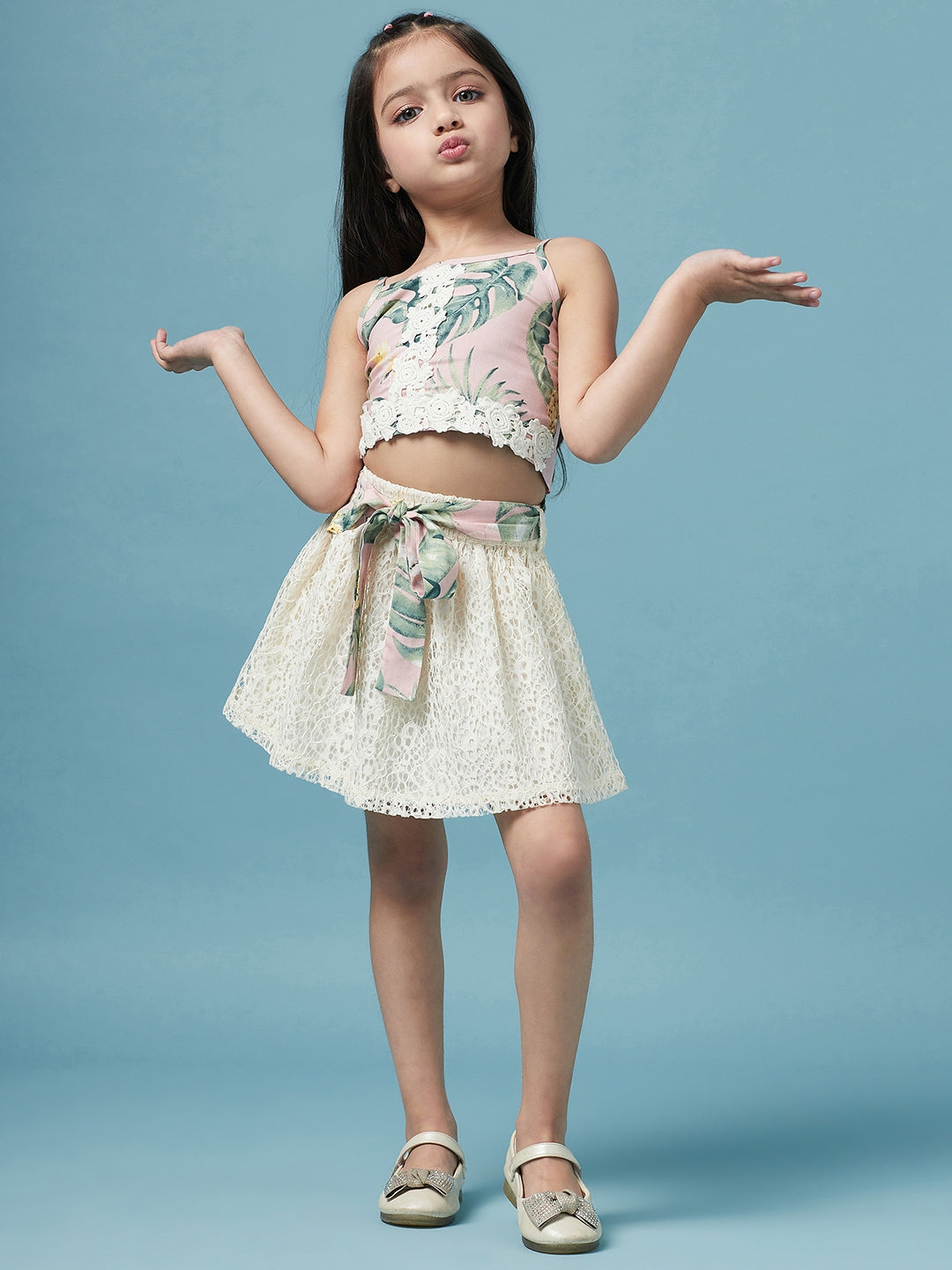 Girls Printed Sleeveless Top with Skirt (sk-beachlace)