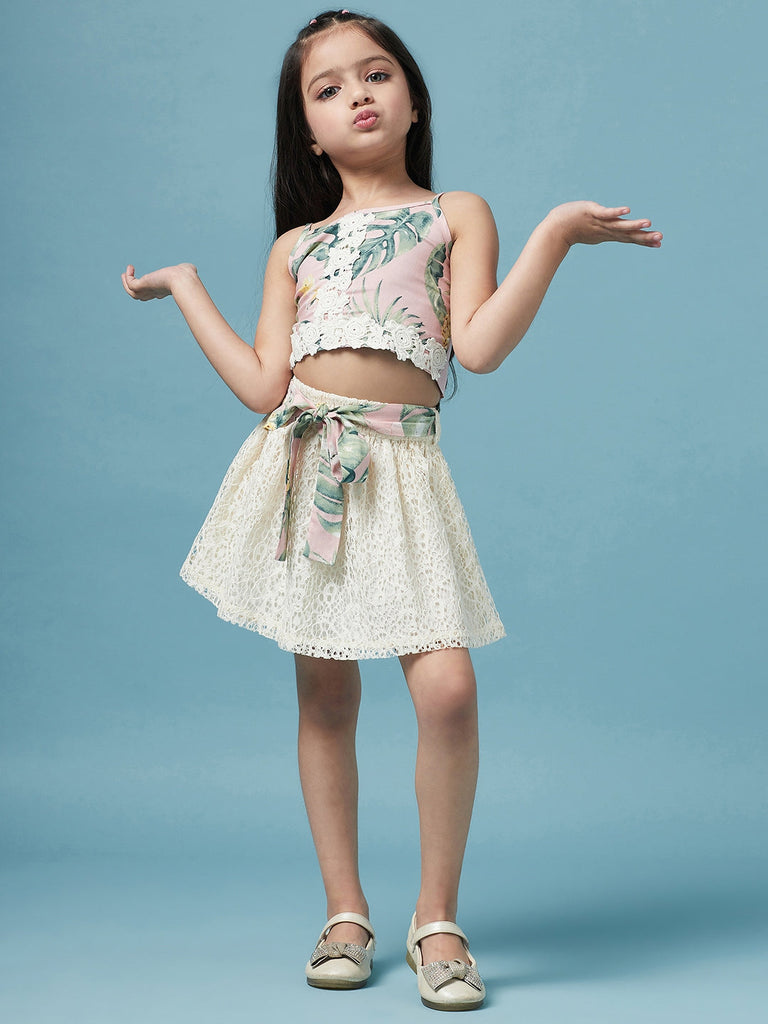 Girls Printed Sleeveless Top with Skirt (sk-beachlace)