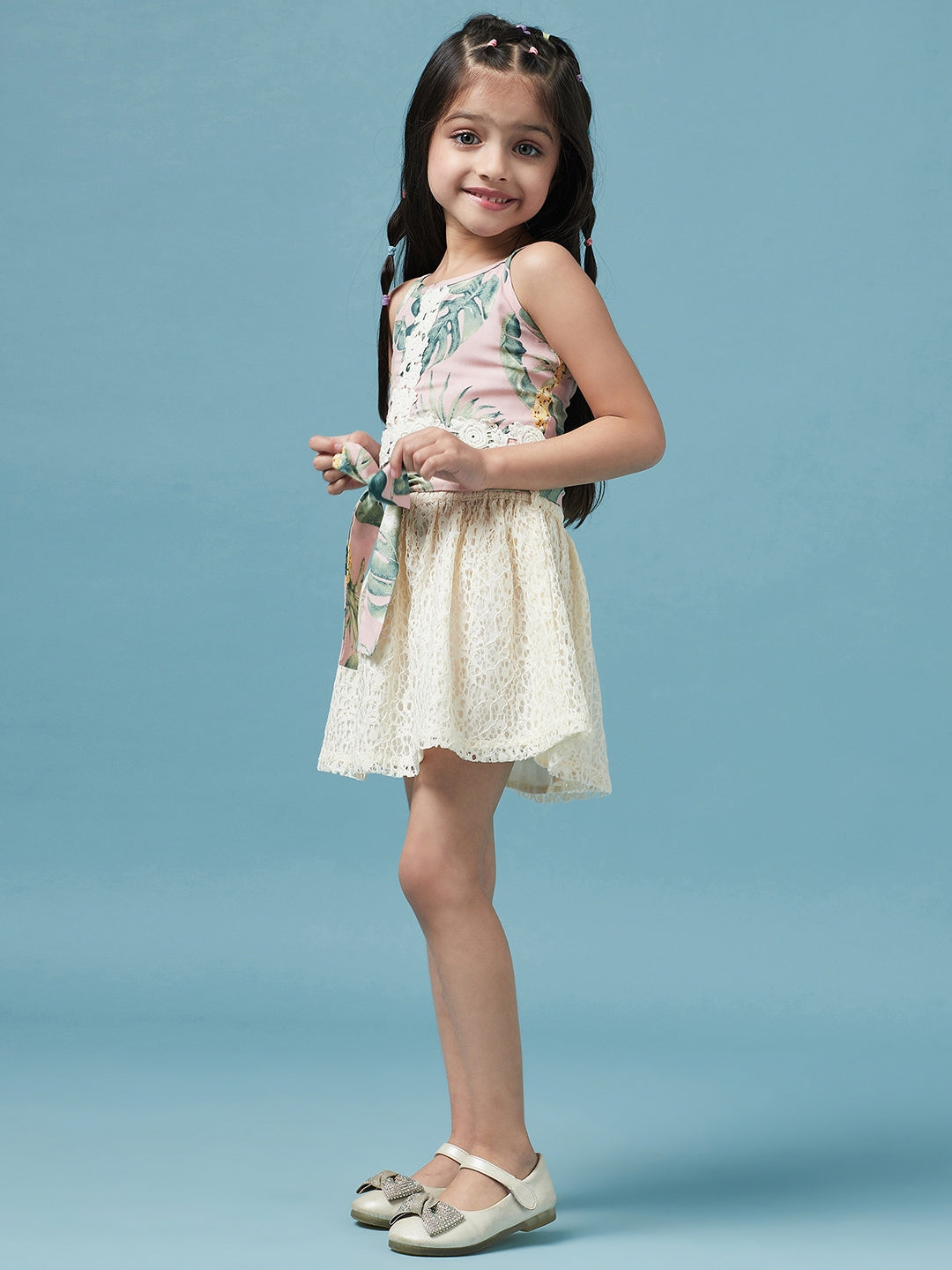 Girls Printed Sleeveless Top with Skirt (sk-beachlace)