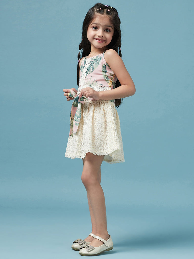 Girls Printed Sleeveless Top with Skirt (sk-beachlace)