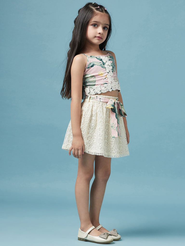 Girls Printed Sleeveless Top with Skirt (sk-beachlace)