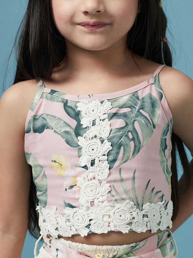 Girls Printed Sleeveless Top with Skirt (sk-beachlace)