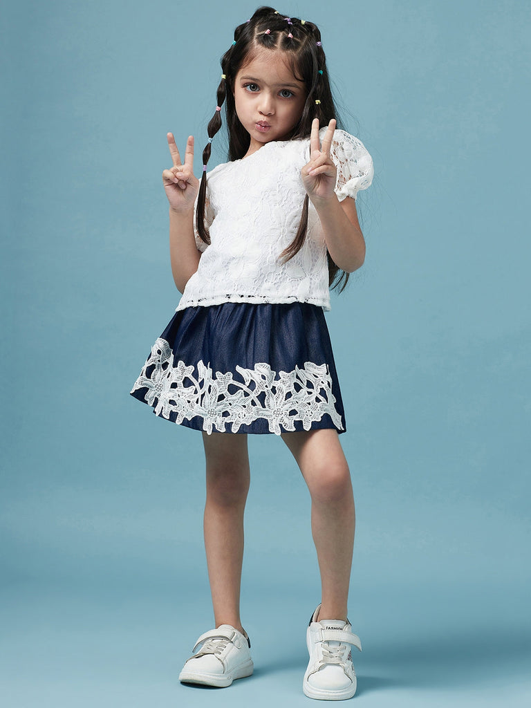 Girls Pink self design Top Round Neck short sleeves Polyester Fabric Top with Skirt (sk-denimlace)