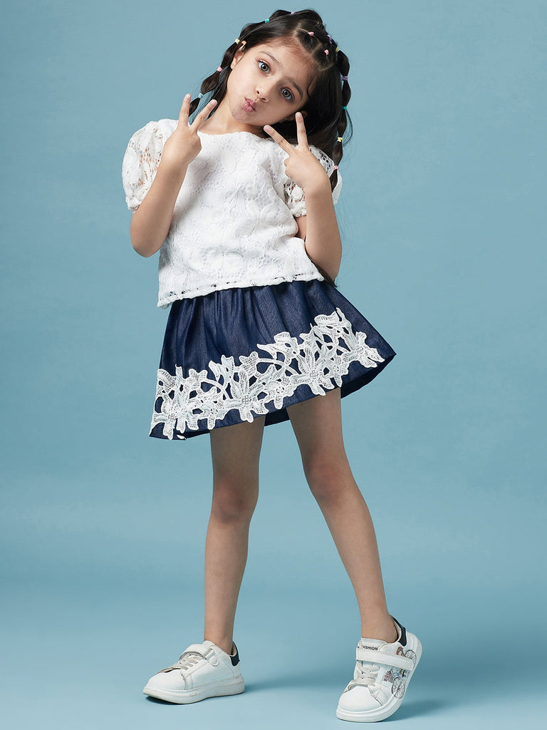 Girls Pink self design Top Round Neck short sleeves Polyester Fabric Top with Skirt (sk-denimlace)