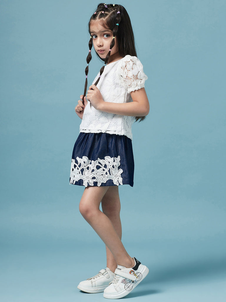 Girls Pink self design Top Round Neck short sleeves Polyester Fabric Top with Skirt (sk-denimlace)
