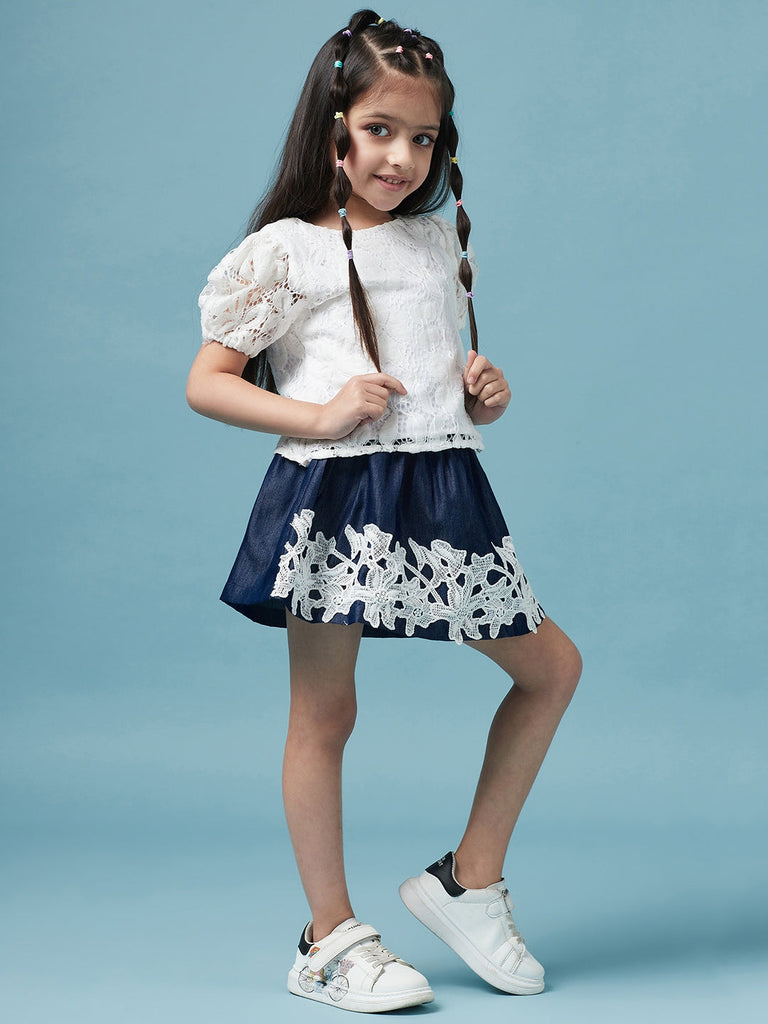Girls Pink self design Top Round Neck short sleeves Polyester Fabric Top with Skirt (sk-denimlace)
