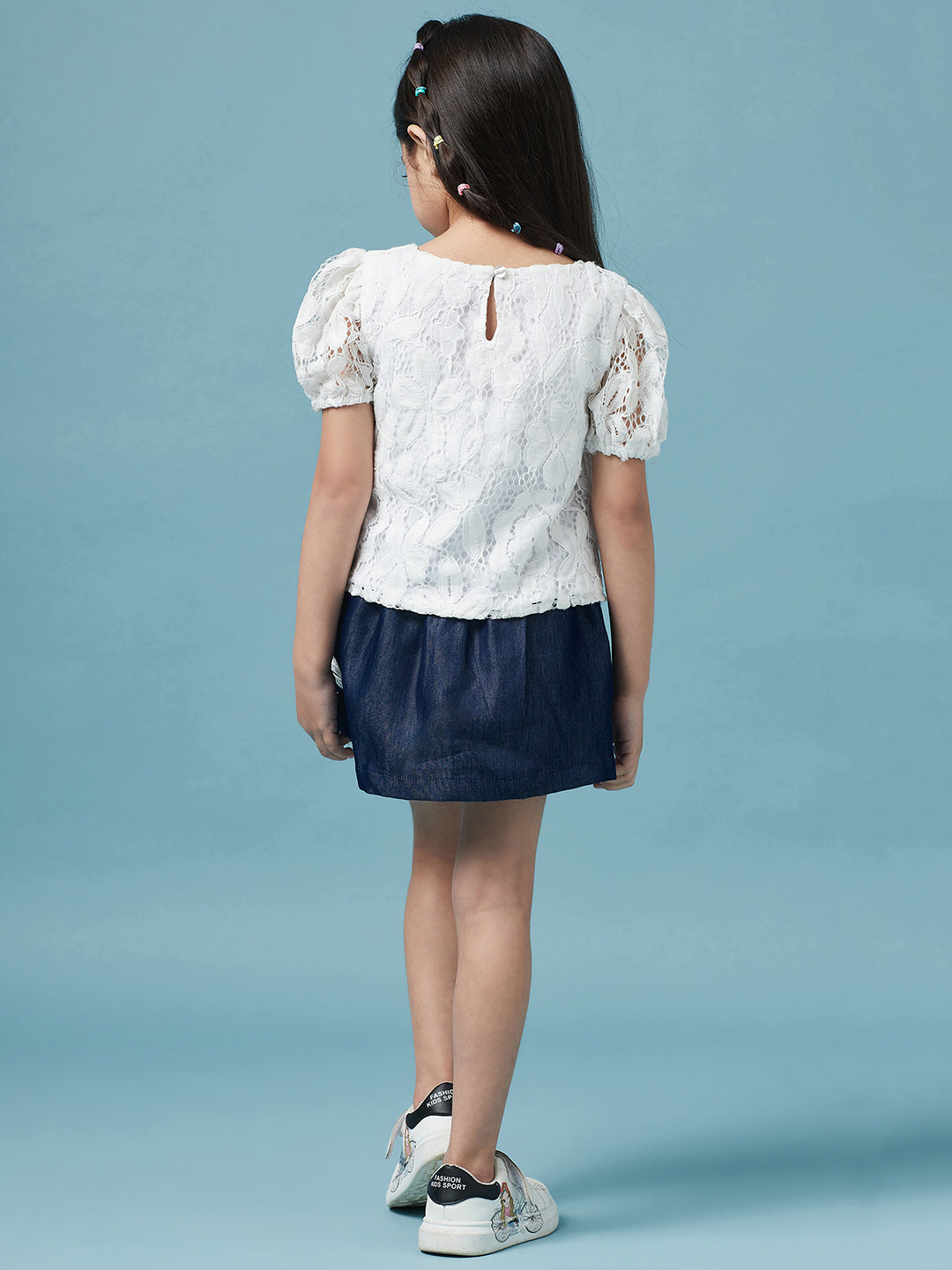 Girls Pink self design Top Round Neck short sleeves Polyester Fabric Top with Skirt (sk-denimlace)