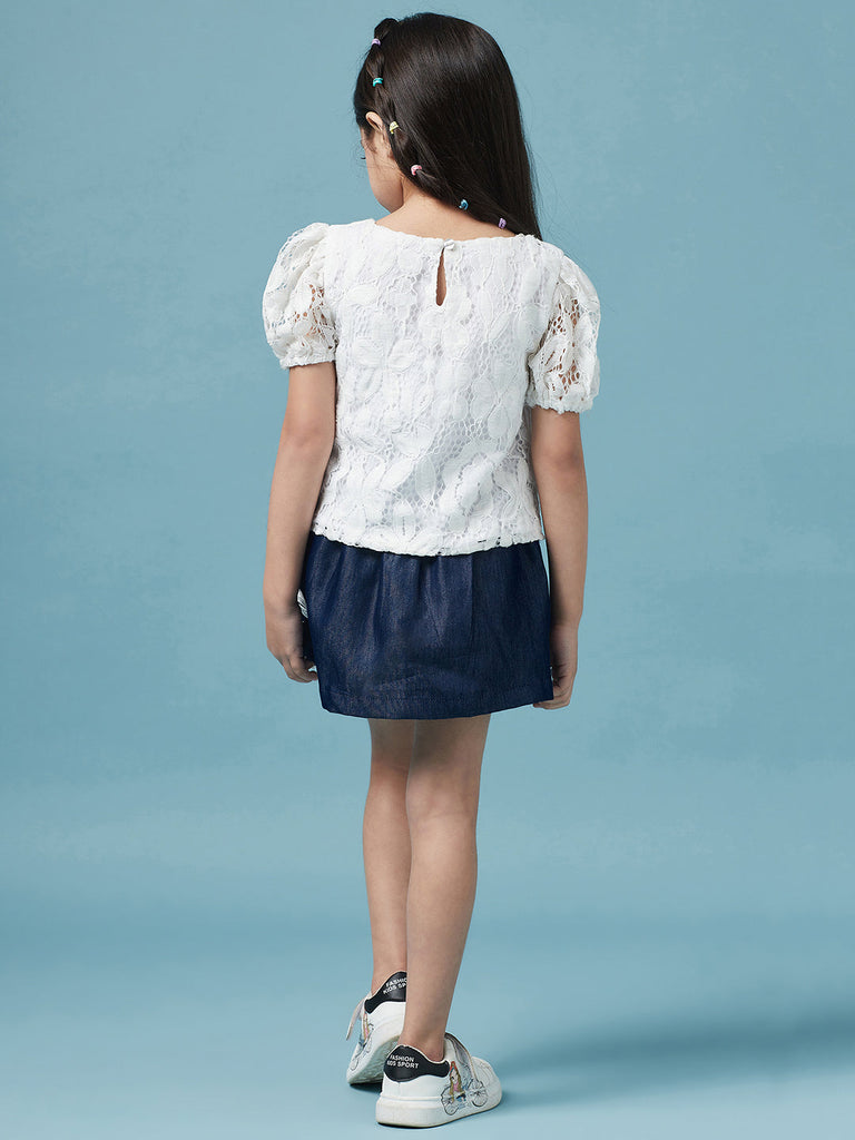 Girls Pink self design Top Round Neck short sleeves Polyester Fabric Top with Skirt (sk-denimlace)