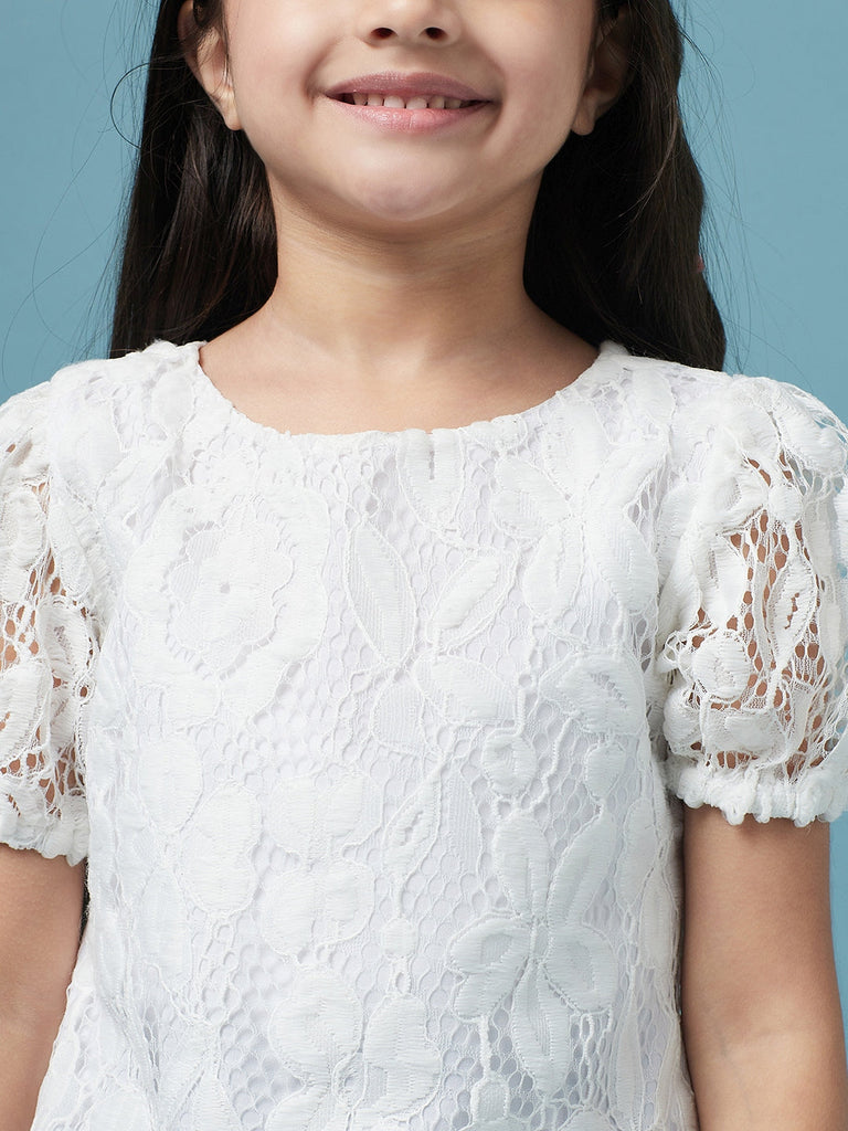 Girls Pink self design Top Round Neck short sleeves Polyester Fabric Top with Skirt (sk-denimlace)