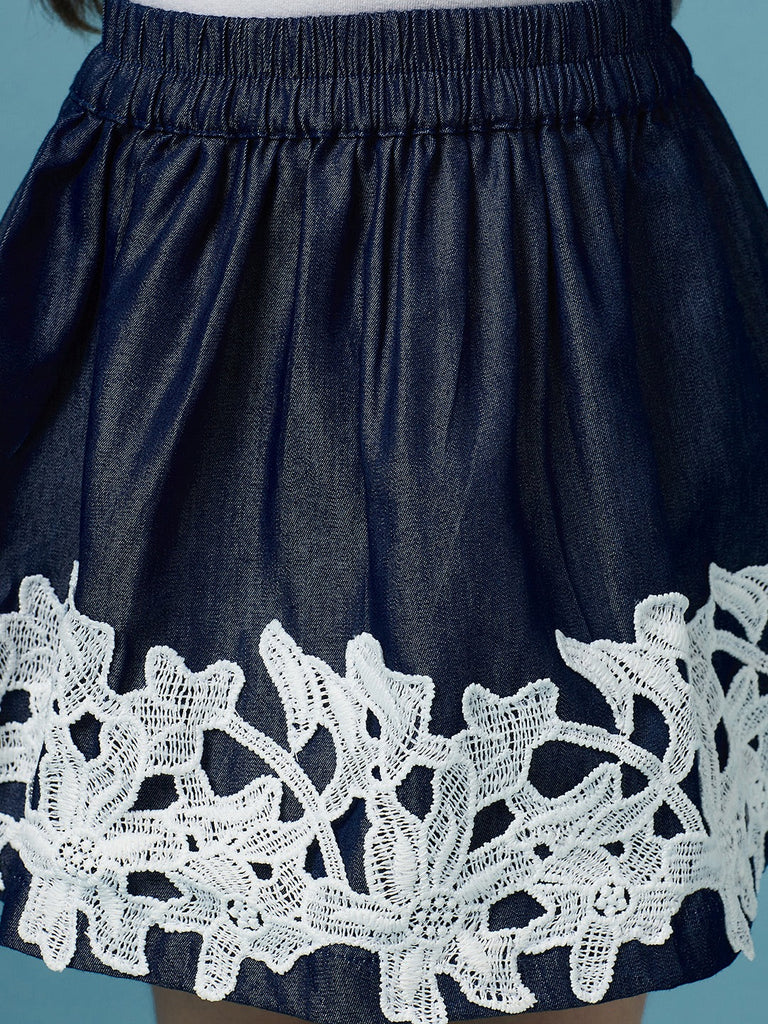 Girls Pink self design Top Round Neck short sleeves Polyester Fabric Top with Skirt (sk-denimlace)