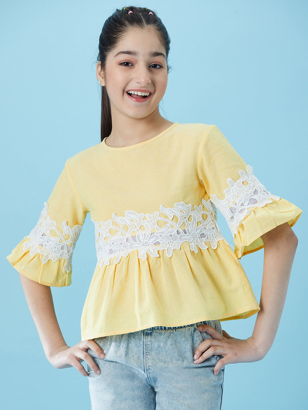 Girls Lace Insert Cotton Peplum Top (t-lemonpep)