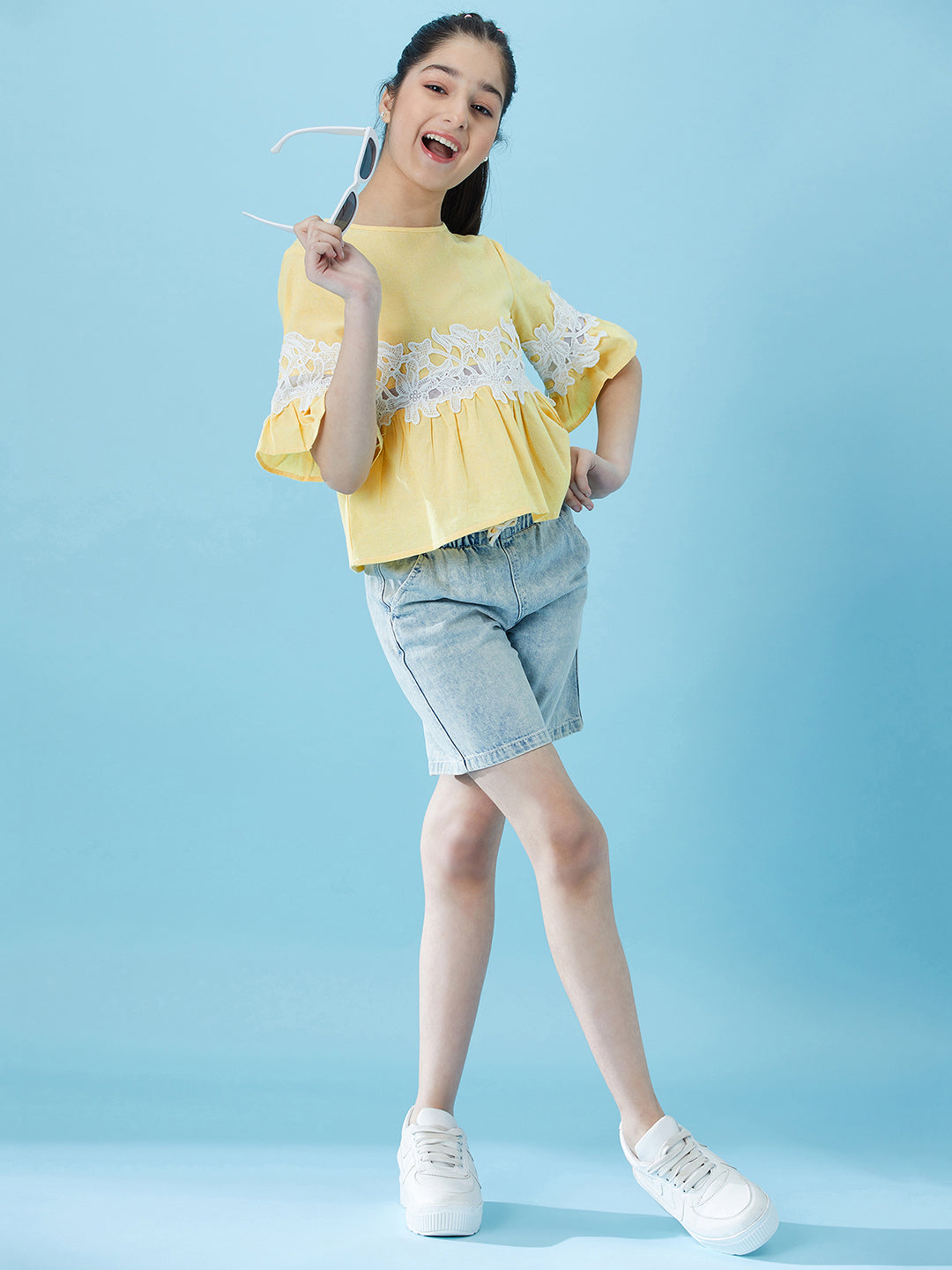 Girls Lace Insert Cotton Peplum Top (t-lemonpep)