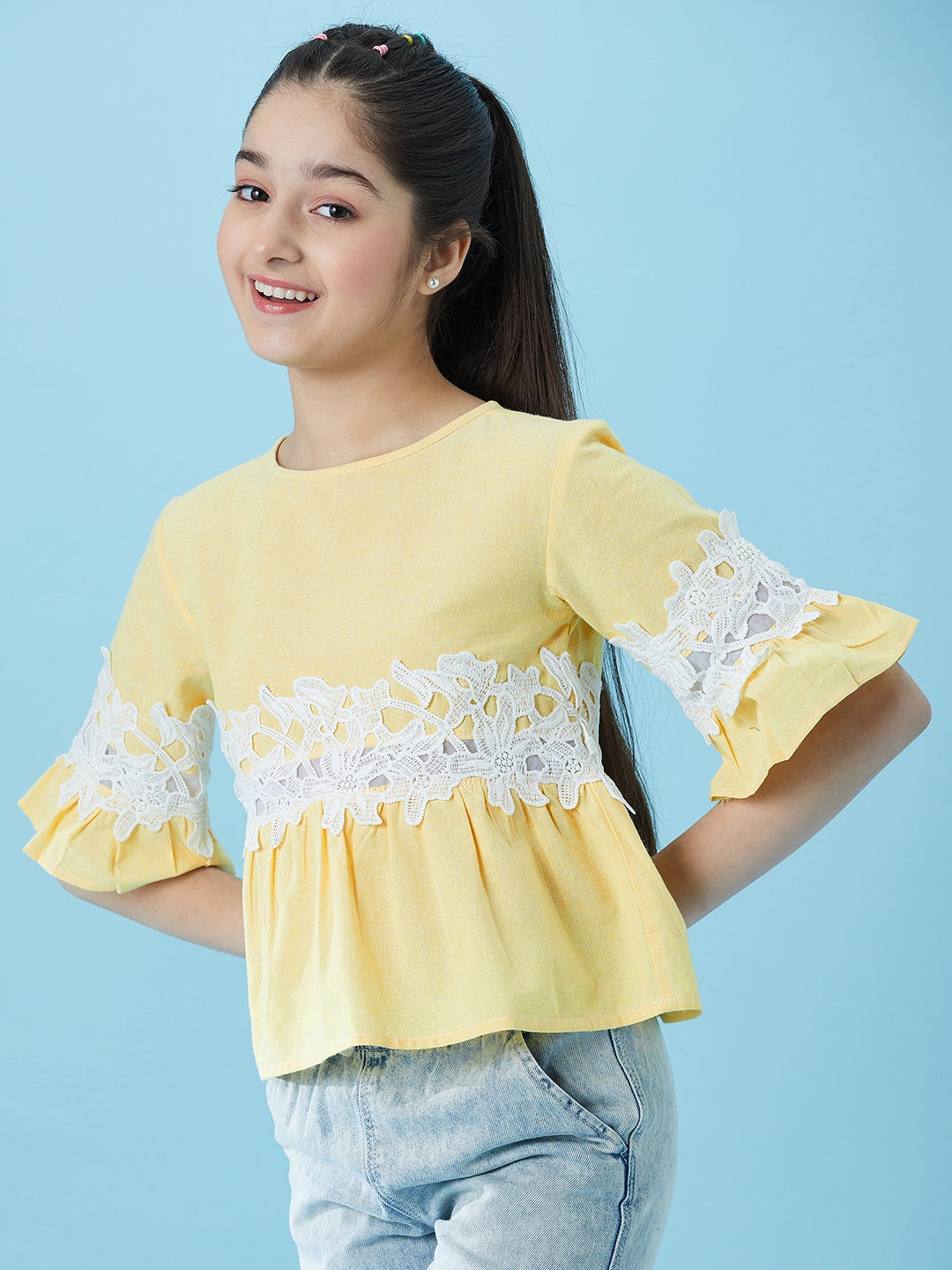Girls Lace Insert Cotton Peplum Top (t-lemonpep)
