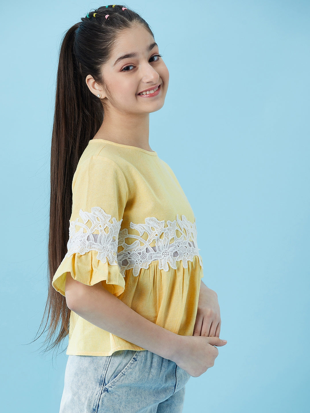 Girls Lace Insert Cotton Peplum Top (t-lemonpep)