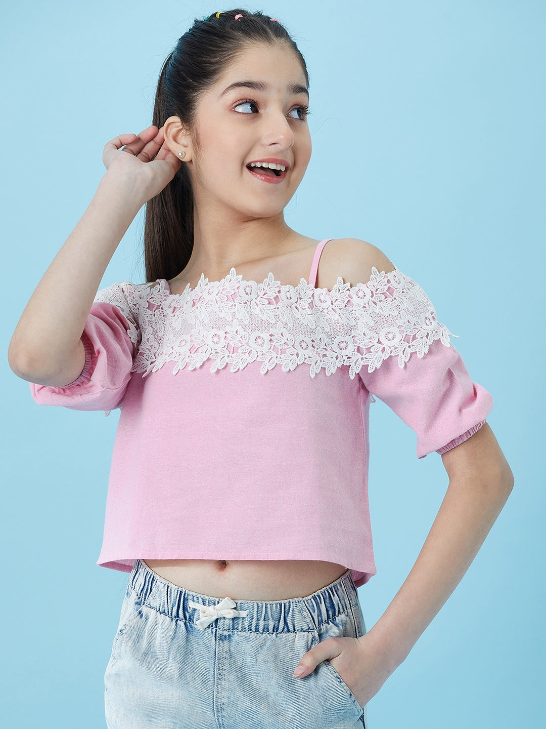 Girls Cold-Shoulder Sleeves Cotton Crop Top (t-pinklace)