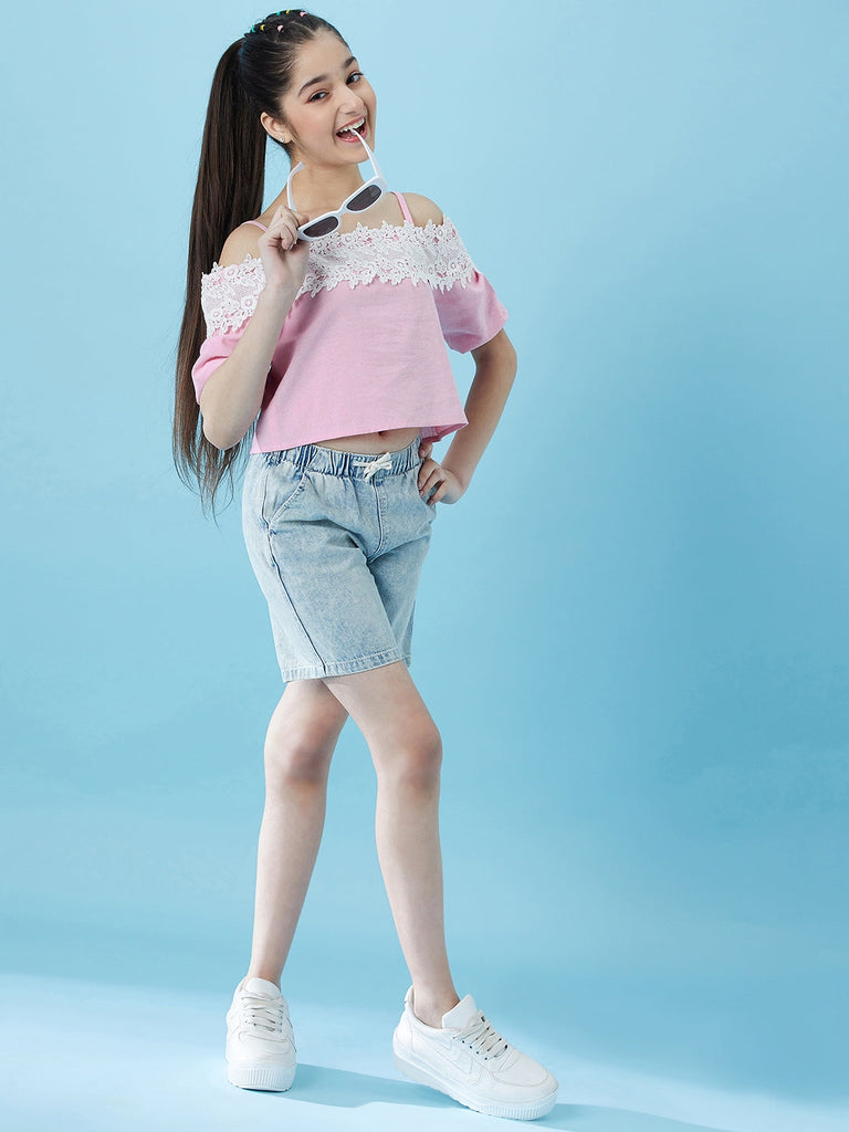 Girls Cold-Shoulder Sleeves Cotton Crop Top (t-pinklace)
