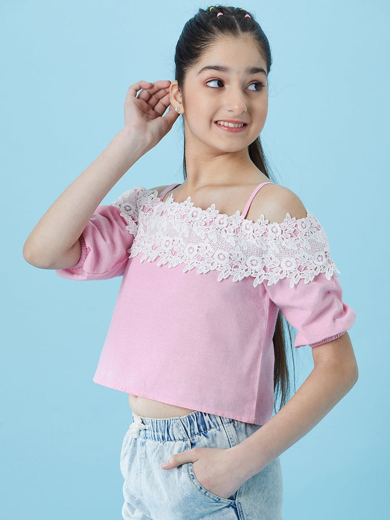 Girls Cold-Shoulder Sleeves Cotton Crop Top (t-pinklace)