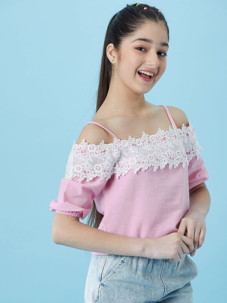 Girls Cold-Shoulder Sleeves Cotton Crop Top (t-pinklace)