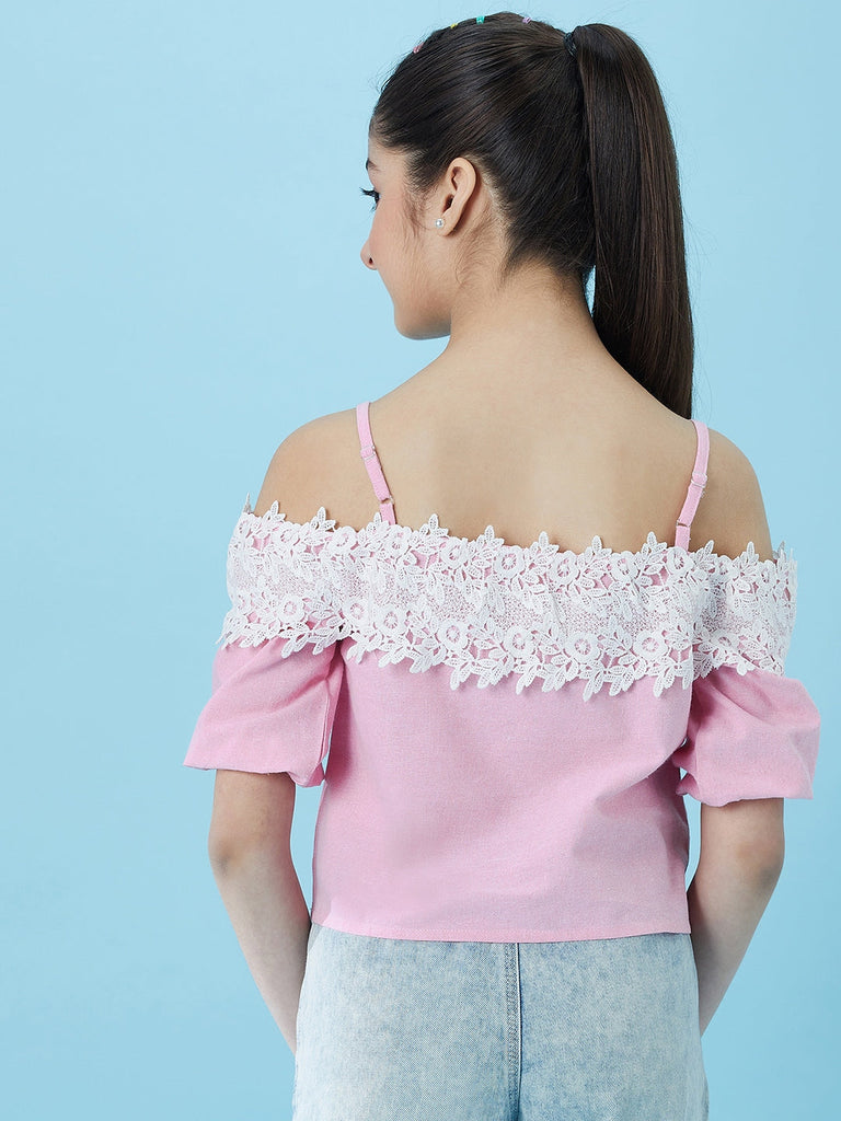 Girls Cold-Shoulder Sleeves Cotton Crop Top (t-pinklace)