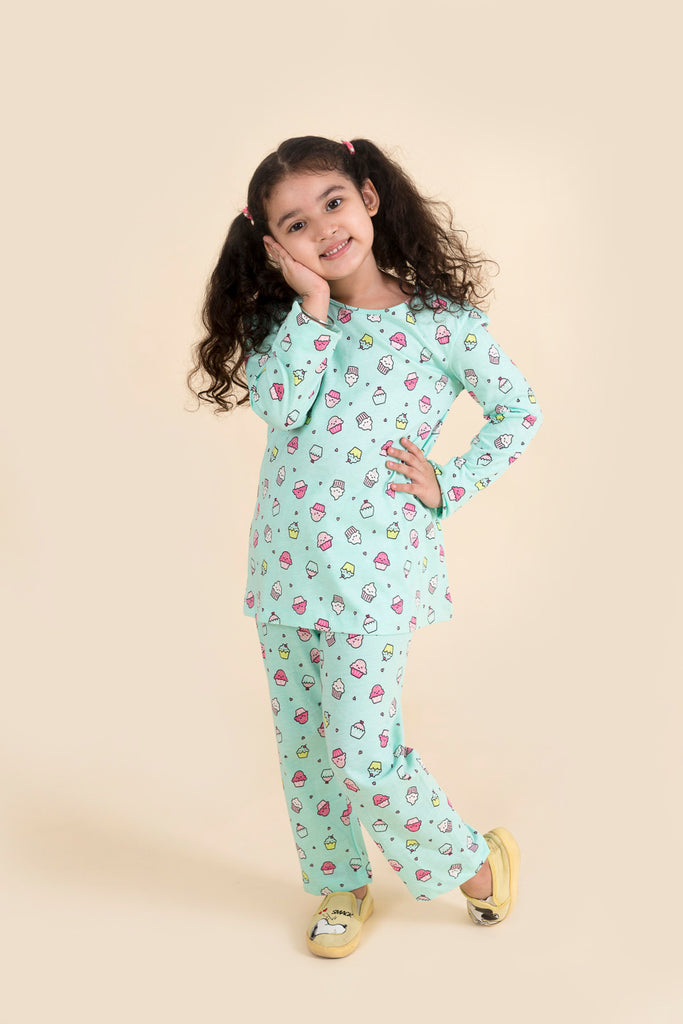 Girls Yellow Sea Green Pure Cotton 3-Piece Night Suit (NW-Cupcakes)