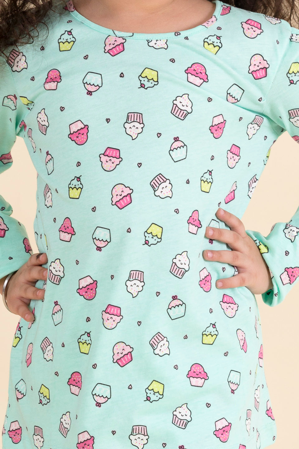 Girls Yellow Sea Green Pure Cotton 3-Piece Night Suit (NW-Cupcakes)