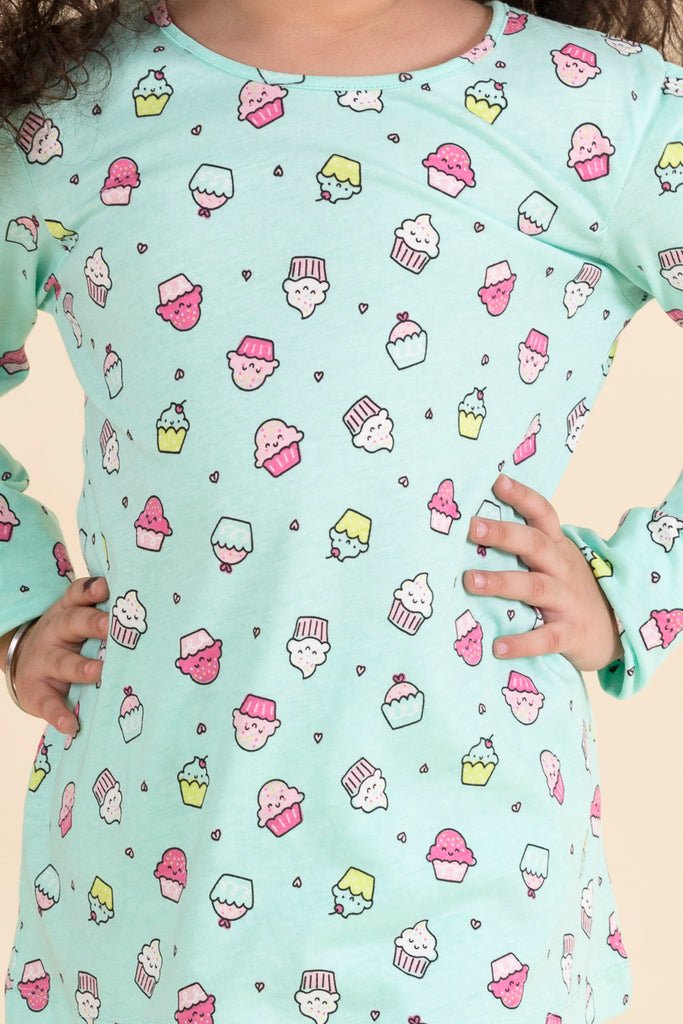 Girls Yellow Sea Green Pure Cotton 3-Piece Night Suit (NW-Cupcakes)