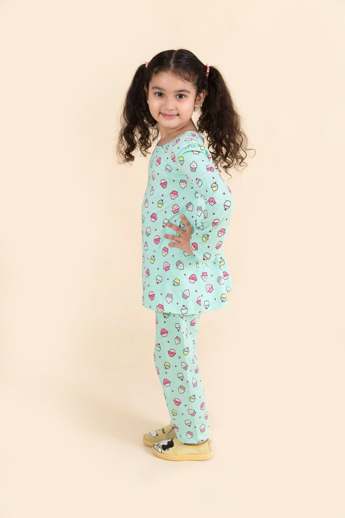Girls Yellow Sea Green Pure Cotton 3-Piece Night Suit (NW-Cupcakes)