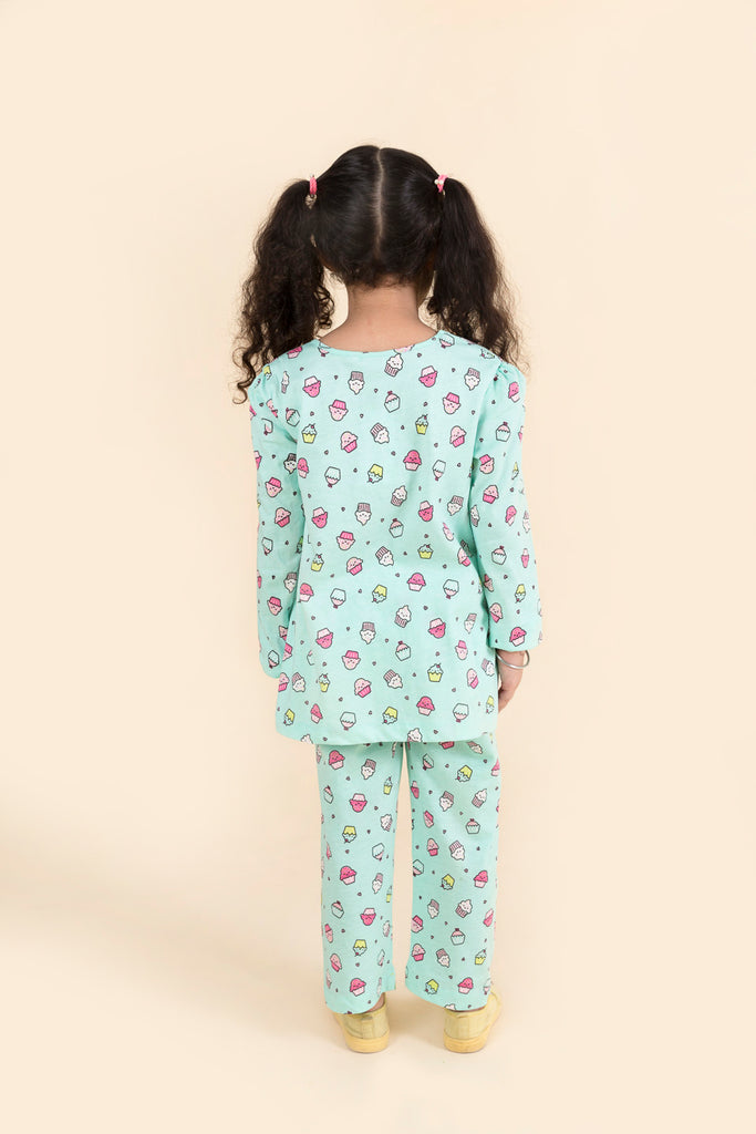 Girls Yellow Sea Green Pure Cotton 3-Piece Night Suit (NW-Cupcakes)