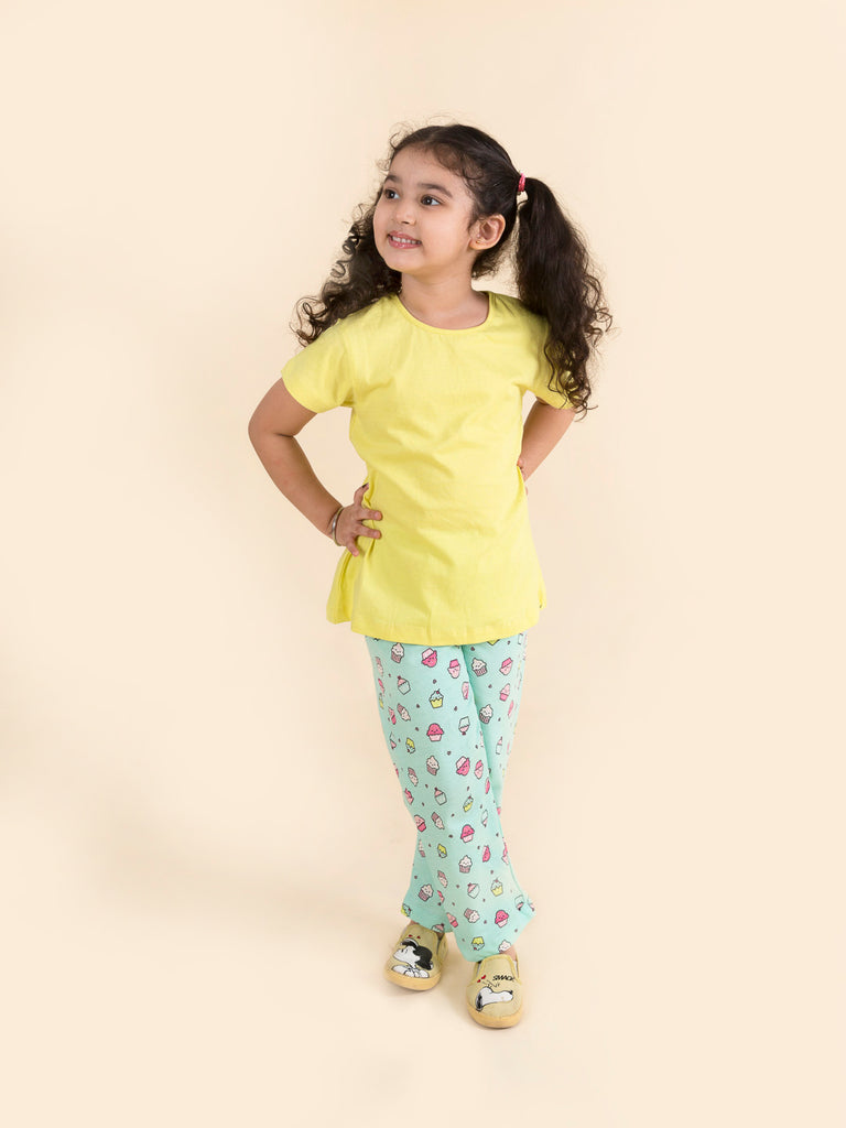 Girls Yellow Sea Green Pure Cotton 3-Piece Night Suit (NW-Cupcakes)