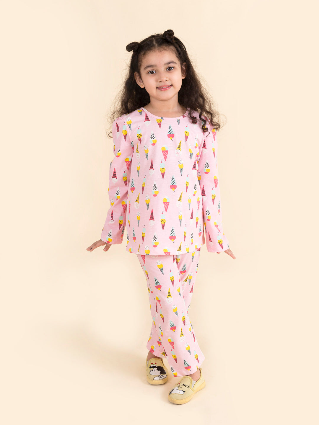 Pspeaches Girls Pink Blue Ice Cream Print Pure Cotton Night Suit (NW-PIN ICECREAM)