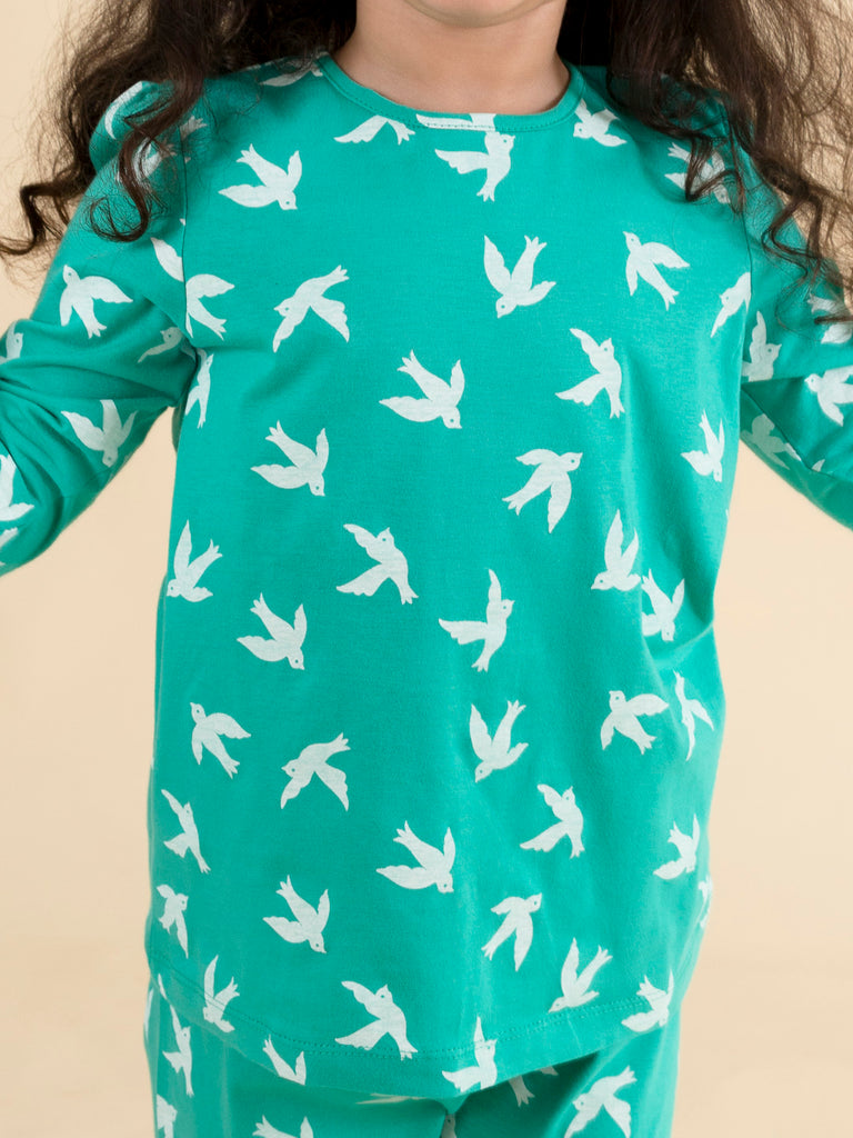 Pspeaches Girls Green White Bird Printed Night Suit (NW-GREEN BIRD)