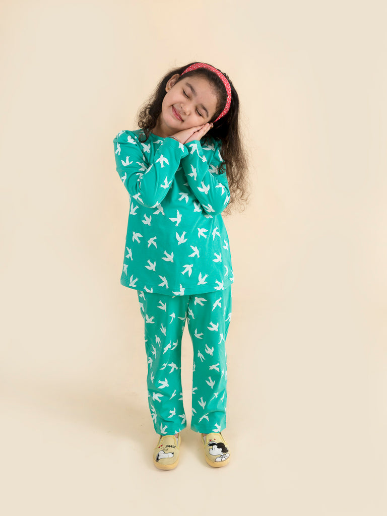 Pspeaches Girls Green White Bird Printed Night Suit (NW-GREEN BIRD)