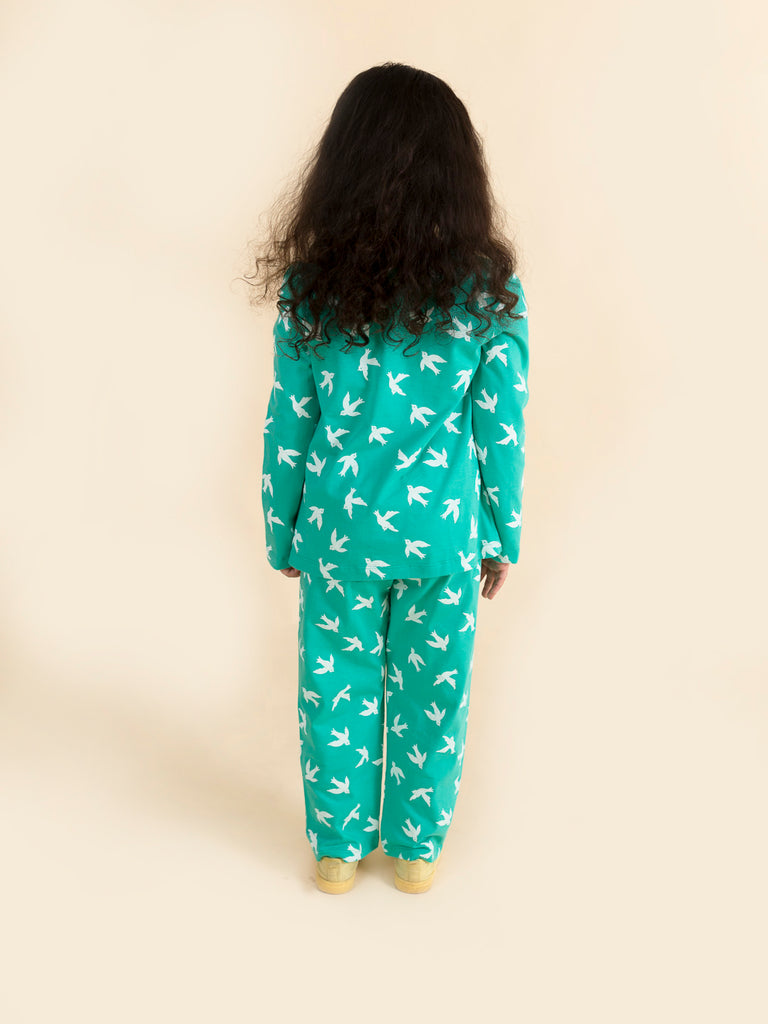Pspeaches Girls Green White Bird Printed Night Suit (NW-GREEN BIRD)