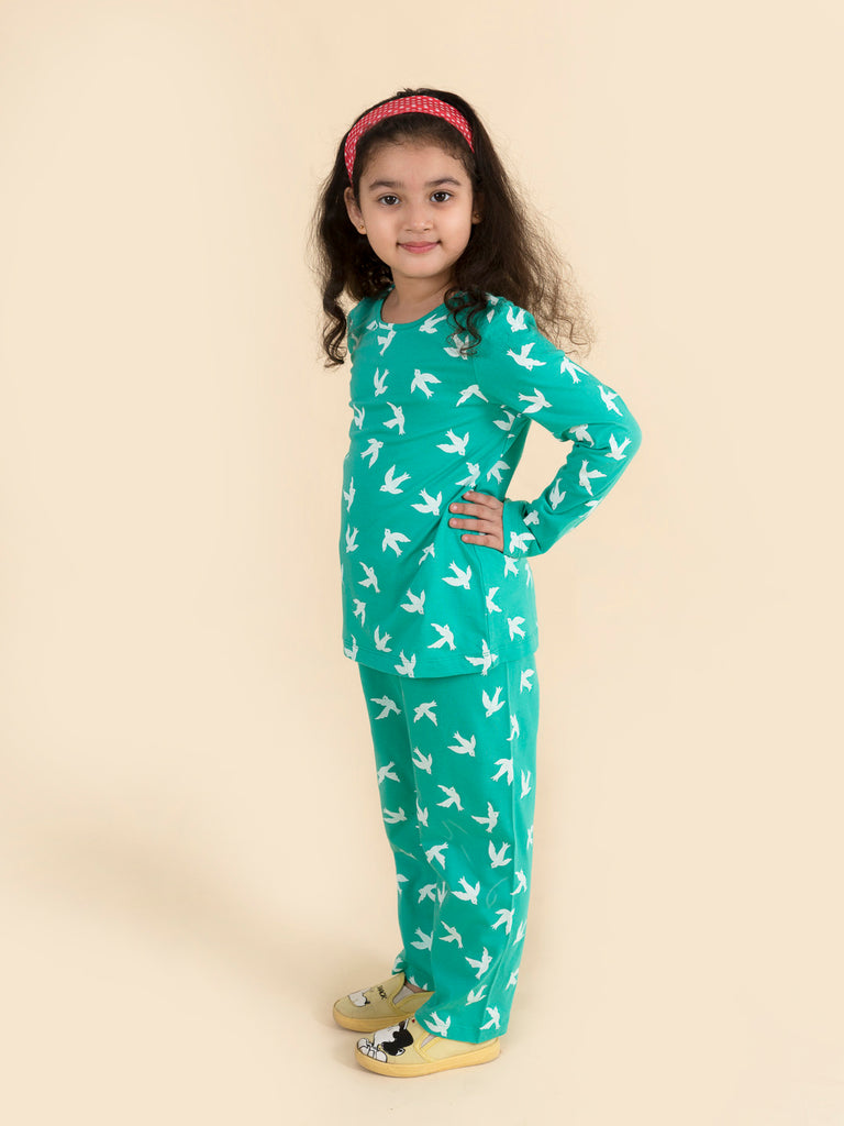 Pspeaches Girls Green White Bird Printed Night Suit (NW-GREEN BIRD)